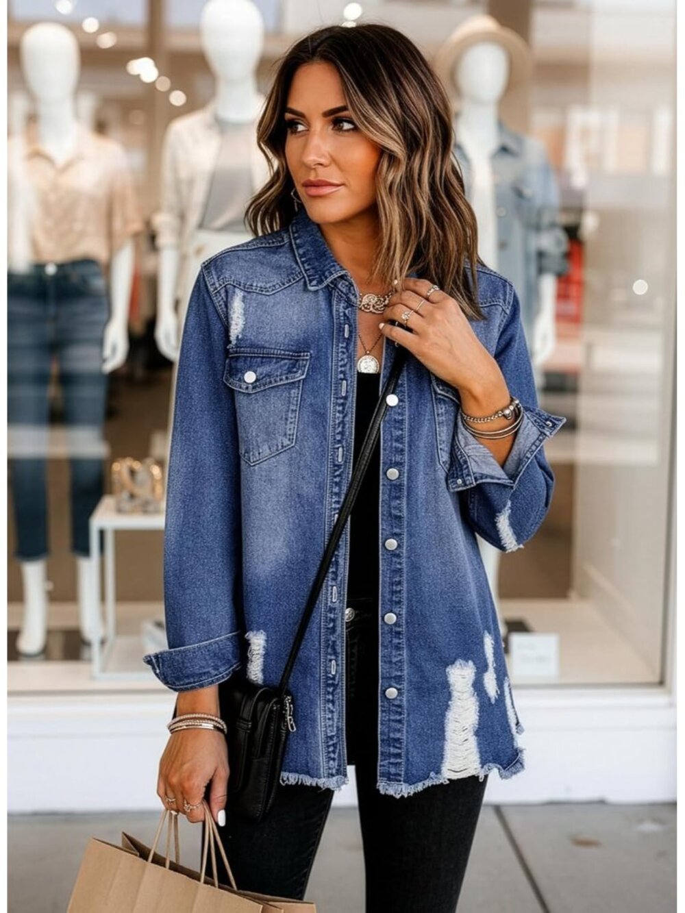 Women's Blue Button Down Oversized Distressed Boyfriend Jean Jacket Fall Outfits - Picture 6 of 6